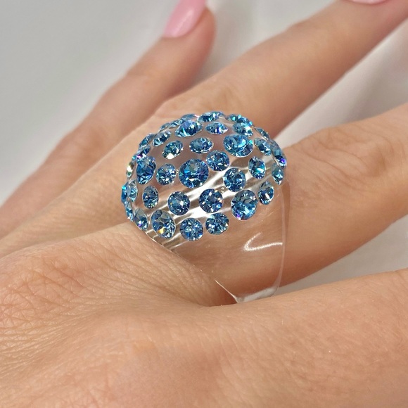 Acrylic Crystal Blue Ring Embellished with blue Crystal stones, Statement Ring - Picture 12 of 13